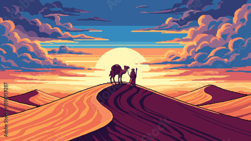 Pixel art desert caravan at sunset with dramatic clouds and vast sand dunes