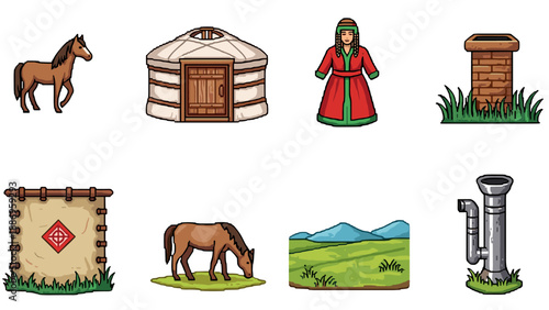 Collection of nomadic lifestyle elements and rural scenery in a cartoon style