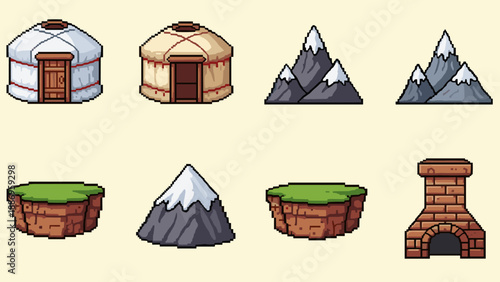 Pixel art assets for game development: yurts, mountains, floating islands, and brick chimney