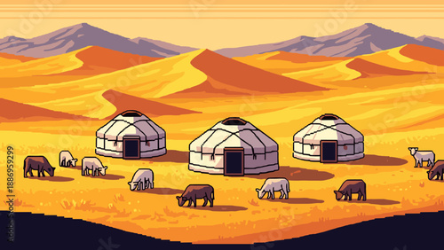 Pixel art desert scene with nomadic yurts and grazing animals