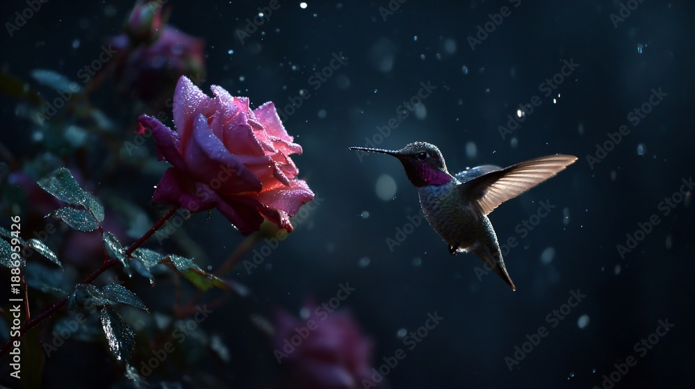 Naklejka premium Hummingbird approaching a pink rose in a rain shower, dark background