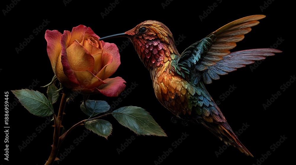 Obraz premium Hummingbird approaching a vibrant peach and rose colored rose on black