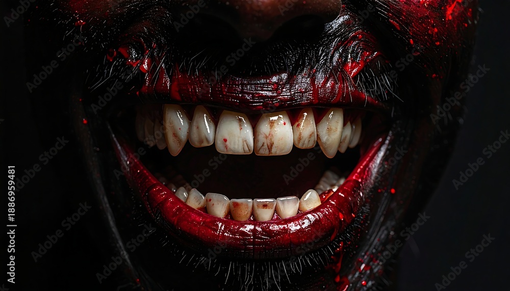Naklejka premium Close-up of a terrifying, blood-soaked smile with bared teeth against a dark background, evoking a chilling sense of horror and macabre dread, perfect for spooky themes and Halloween