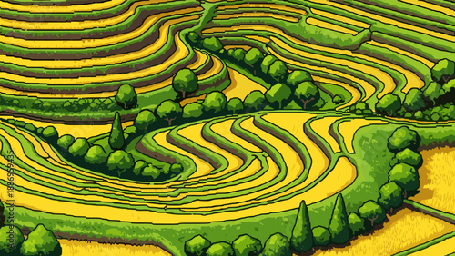 Pixel art terraced fields with lush greenery and textured layers in a vibrant landscape