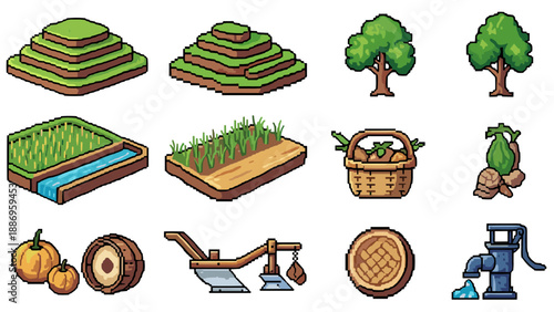 Pixel art farm elements collection featuring crops, tools, and nature icons