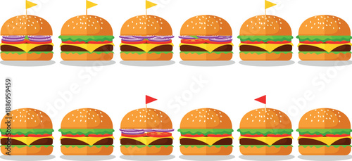 Vector illustration set of flat design cheeseburgers and hamburgers featuring small menu flags and various fast food toppings