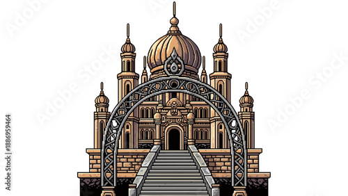 Pixel art illustration of an ornate, ancient temple with a grand entrance and dome