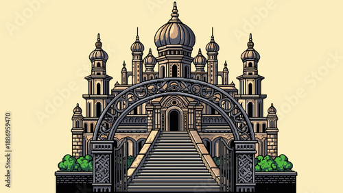 Ornate pixel art palace with grand staircase and arched gateway