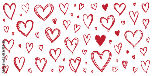 Crayon hand drawn brush red heart doodle Valentine's Day, heart shape vector collection