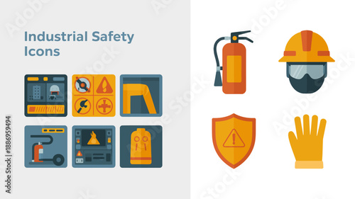 a collection of flat industrial safety icons depicting protective gear hazard warnings and workplace equipment for secure operations high quality professional detailed modern elegant stylish clean