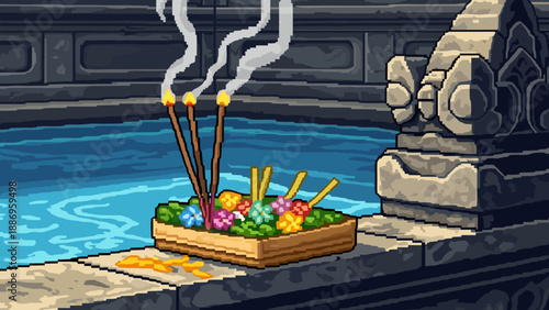 Pixel art offering with incense sticks and flowers by a tranquil water feature