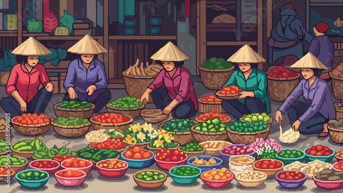 Vibrant Asian market scene with vendors selling fresh produce in traditional conical hats