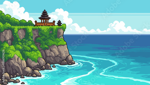 Pixel art temple on a cliff overlooking the ocean with lush green vegetation and blue sky