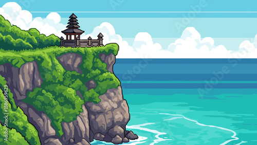 Coastal temple on cliffside in pixel art style: serene ocean landscape with blue sky