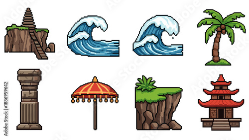 Pixel art collection of tropical island elements and ancient structures