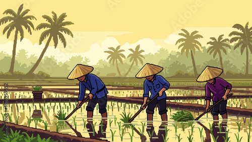 Pixel art farmers in conical hats working in flooded rice paddies with palm trees