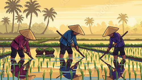 Pixel art farmers working in rice fields at sunrise