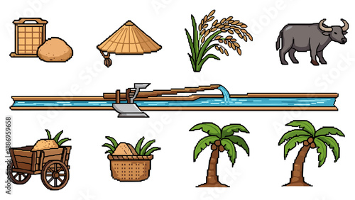 Pixel art agriculture icons: rice, water buffalo, palm trees