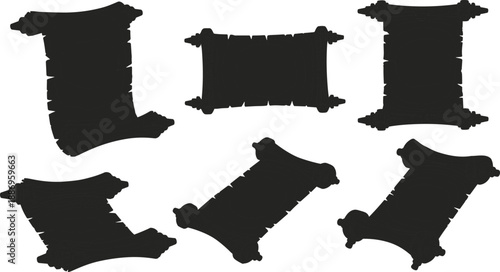 Vintage black paper scroll vector set, dark parchment banner silhouettes with rough edges, antique manuscript design elements collection isolated on white background.