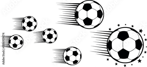 Vector illustration set of flying soccer balls with motion speed lines and star decorative elements isolated on white background.