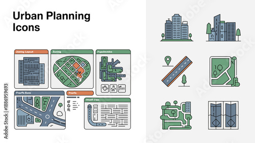 a collection of colorful urban planning icons depicting city layouts buildings infrastructure and green spaces for design and conceptual projects high quality professional detailed modern elegant