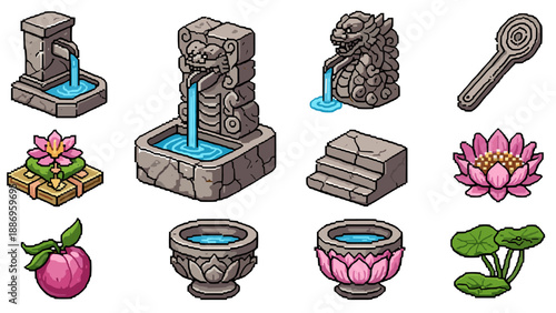 Pixel art collection of isometric fantasy garden elements and water features