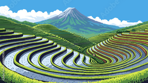 Lush green rice terraces cascade down a mountainside towards a majestic snow-capped peak