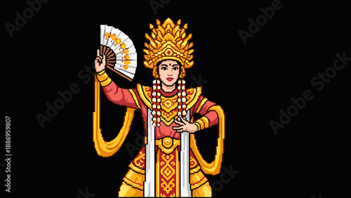 Pixel art of traditional balinese dancer in ornate costume with fan