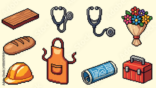 Pixel art icons representing different professions and items, including medical and construction tools
