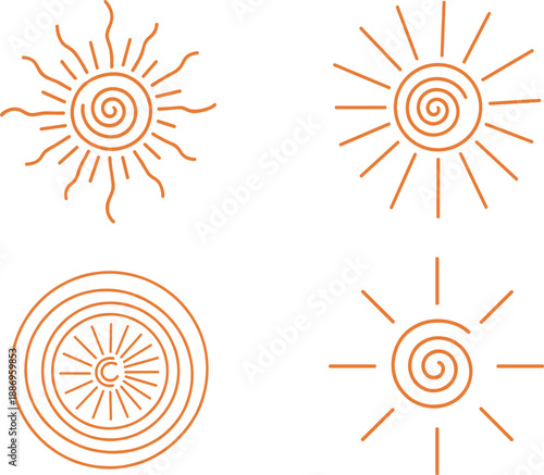 Vector illustration set of four minimalist terracotta sun icons featuring spiral cores various ray styles and abstract concentric targets