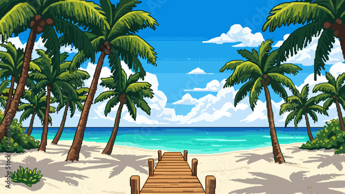 Pixel art tropical beach with palm trees and a wooden pier leading to the ocean