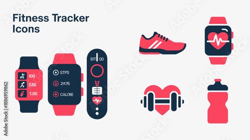 a collection of fitness tracker icons showcases a smart watch running shoe heart rate monitor dumbbell and hydration bottle in vibrant red tones high quality professional