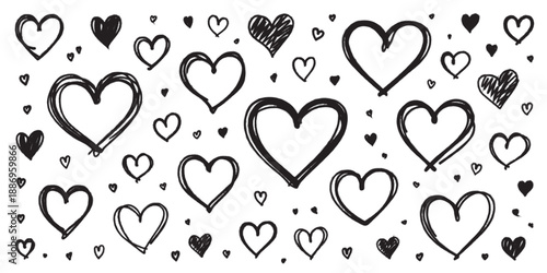 Crayon hand drawn brush red heart doodle Valentine's Day, heart shape vector collection