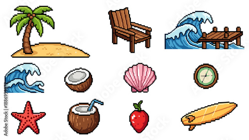 Pixel art summer vacation icons: beach, waves, palm tree, and tropical fruits