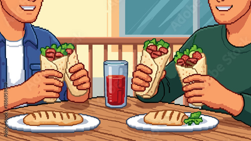 Pixel art illustration of friends enjoying delicious wraps and grilled bread at a wooden table