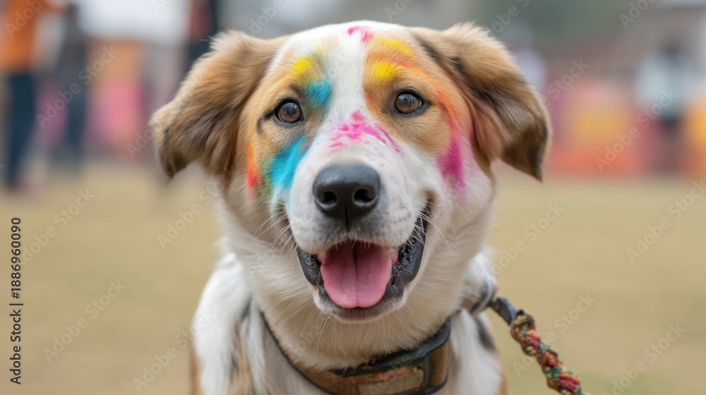 Fototapeta premium Happy dog with colorful face paint enjoying outdoor festival setting, showcasing playful spirit and joy of pets in vibrant atmosphere