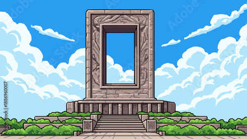 Pixel art ancient stone portal gateway with ornate carvings against a cloudy blue sky