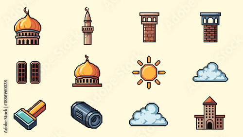 Pixel art icons of Islamic architecture, celestial bodies, and building elements