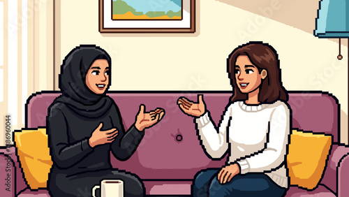 Two women in conversation on a couch, one wearing a hijab, pixel art style