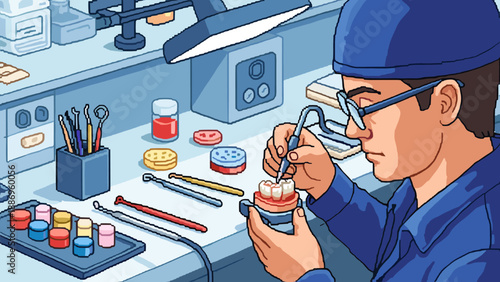 Dental technician meticulously crafting dentures with specialized tools in a laboratory setting