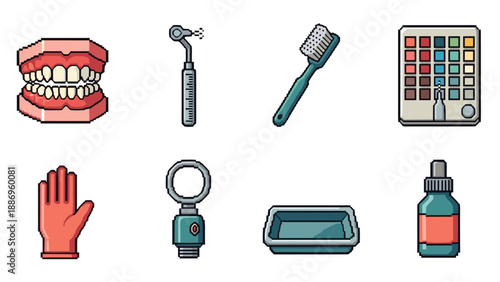 Pixel art dental tools and supplies collection for oral hygiene and treatment