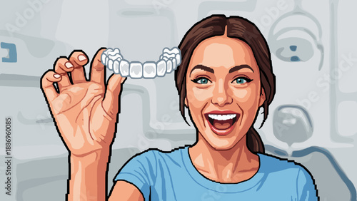 Smiling woman holding clear aligners, excited about teeth straightening treatment