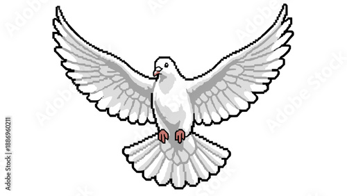 Pixel art dove with spread wings in flight on white background