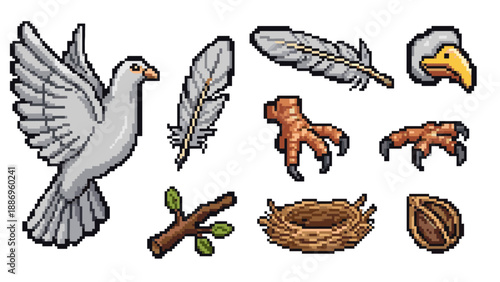 Pixel art set of bird elements: dove, feather, nest, talon, beak, branch