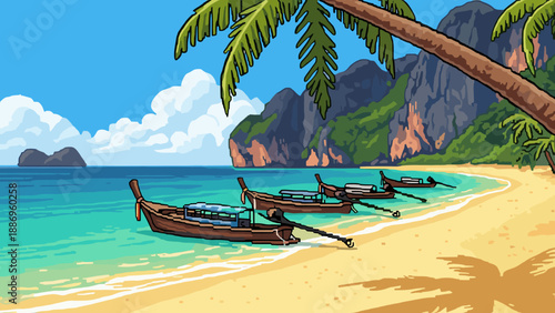 Pixel art tropical beach with boats and palm trees under a bright blue sky