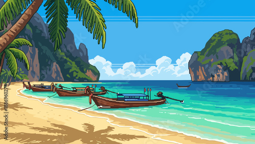 Tropical beach with boats and palm trees in retro pixel art style