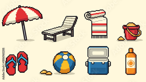 Retro summer beach essentials in 8-bit pixel art style