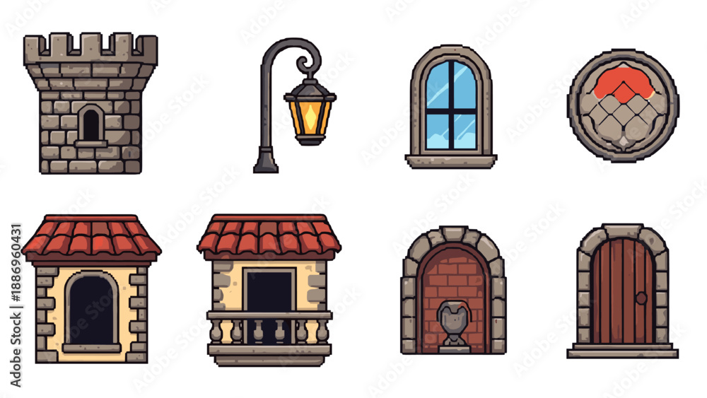 Naklejka premium Collection of pixel art architectural elements for game design and fantasy settings