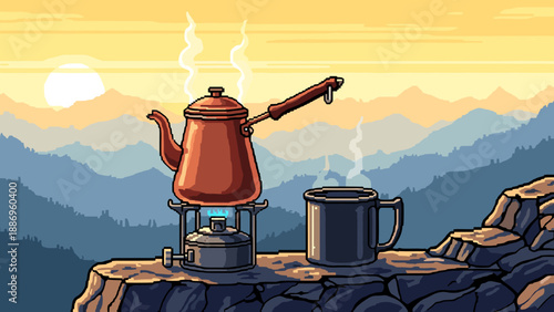 Retro pixel art coffee brewing at scenic mountain sunrise
