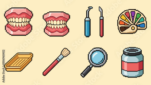 Pixel art dental tools and accessories collection in vintage style